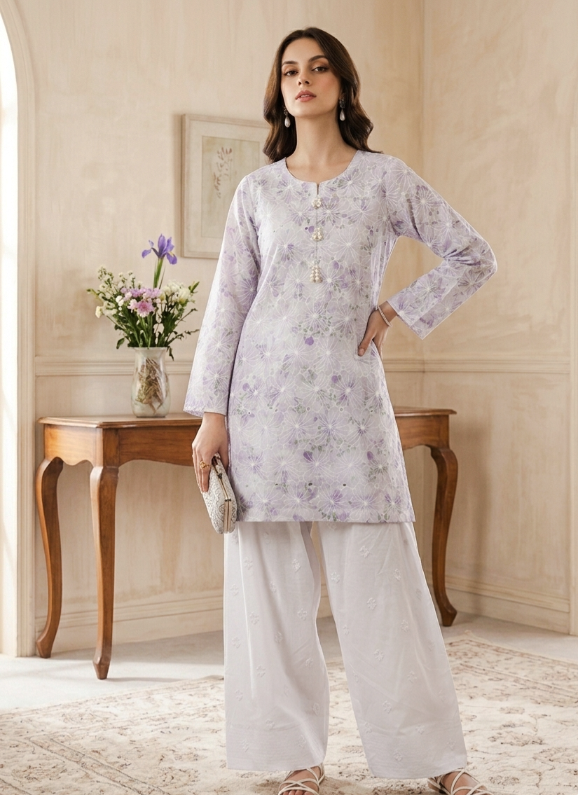 Lilac & White Chikankari Embroidered 2-Piece Stitched Lawn Suit with Farshi Shalwar