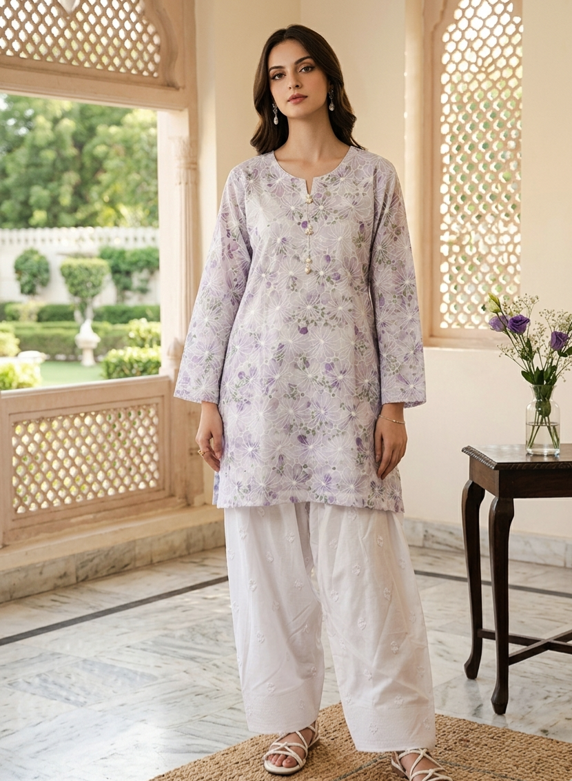 Lilac & White Chikankari Embroidered 2-Piece Stitched Lawn Suit with Farshi Shalwar