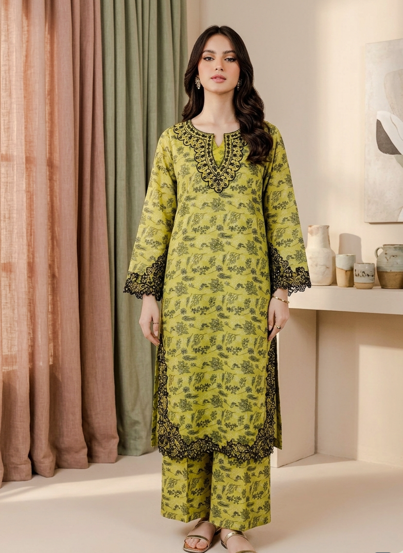 Lime Green Printed Lawn 2-Piece Stitched Suit with Elegant Embroidery