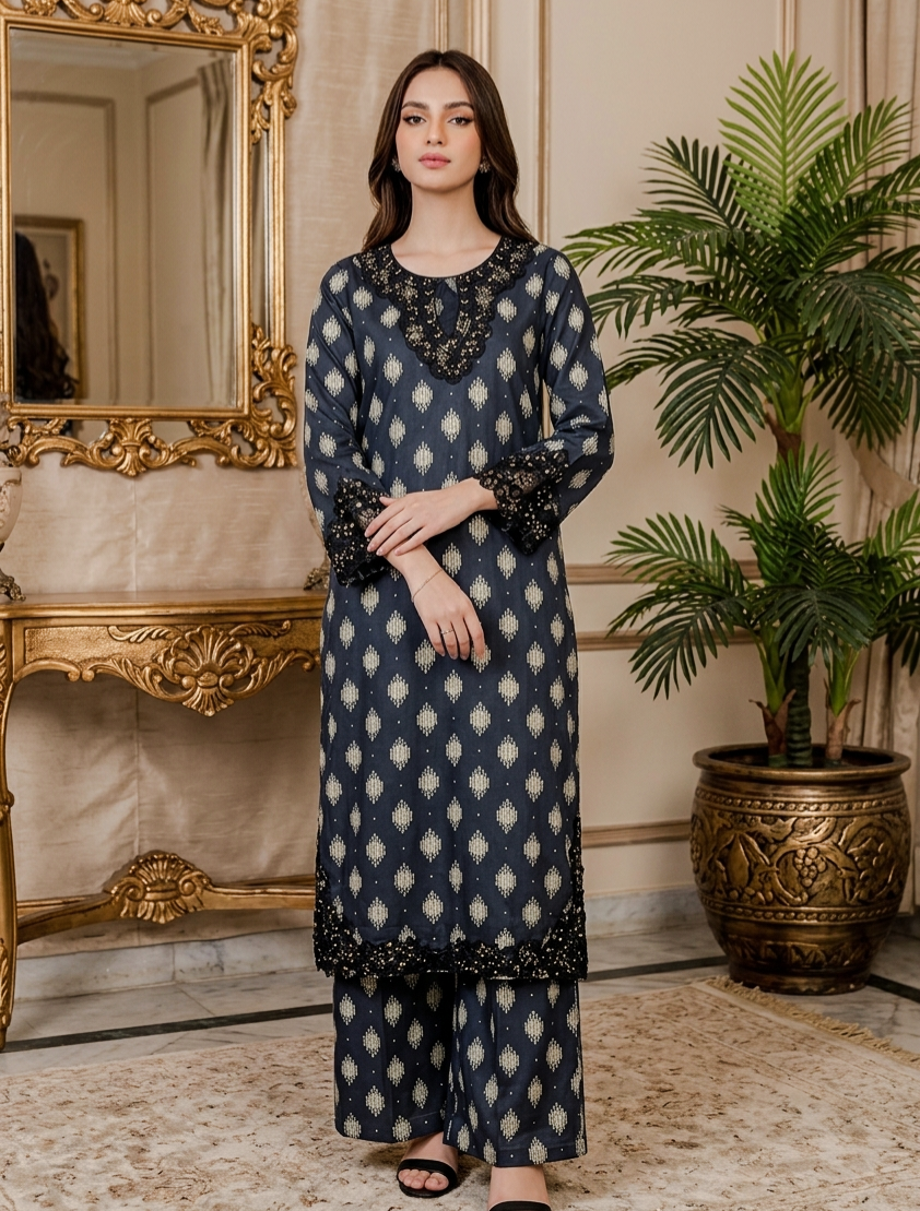 Black Embroidered Printed Lawn 2-Piece Stitched Suit with Wide-Leg Trouser