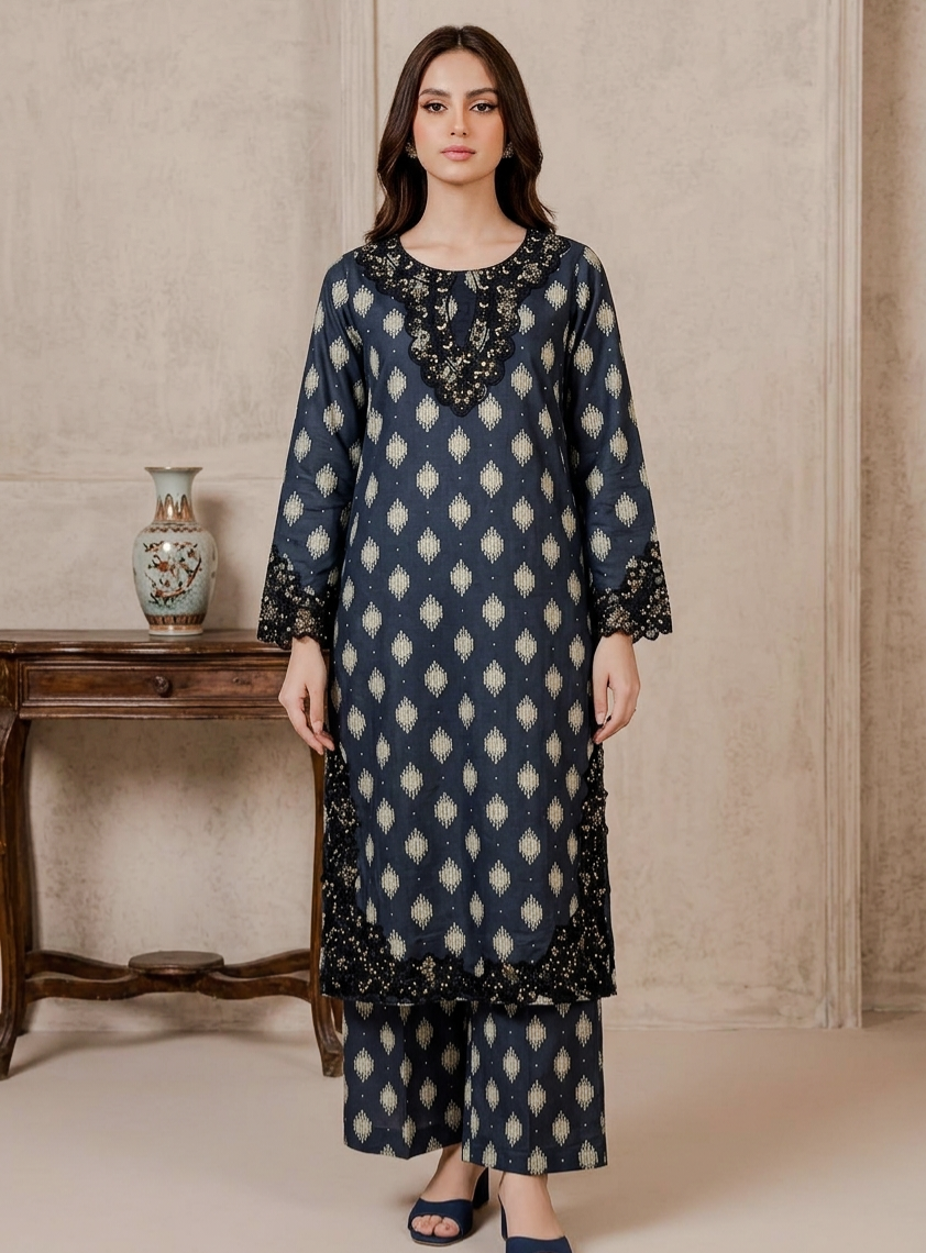 Black Embroidered Printed Lawn 2-Piece Stitched Suit with Wide-Leg Trouser