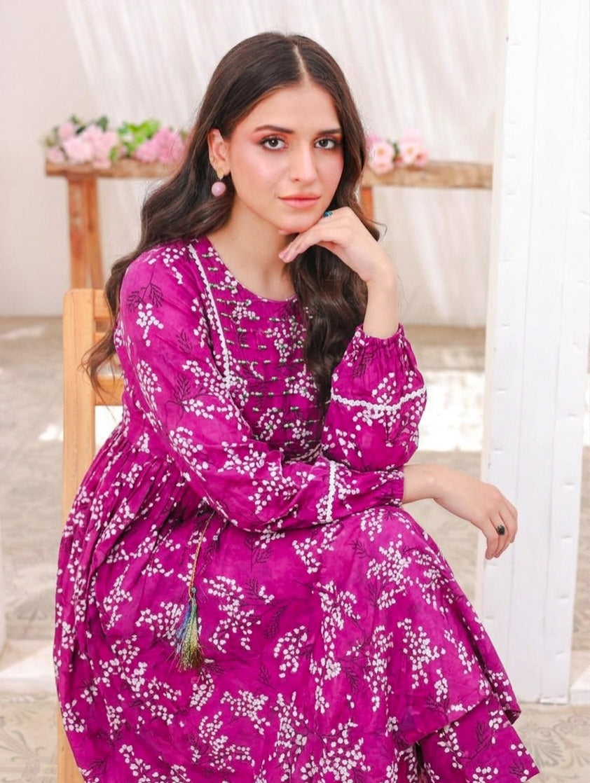 Purple Floral Printed Lawn Long Frock with Printed Trouser - 2 Piece Stitched Suit