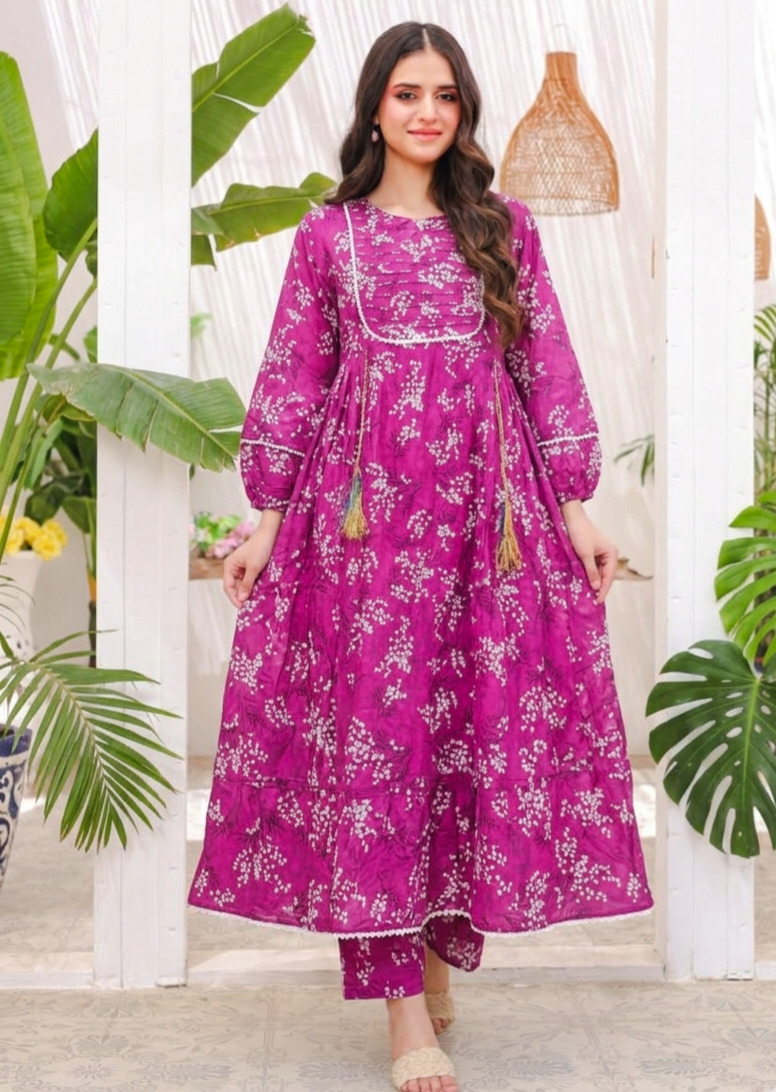 Purple Floral Printed Lawn Long Frock with Printed Trouser - 2 Piece Stitched Suit