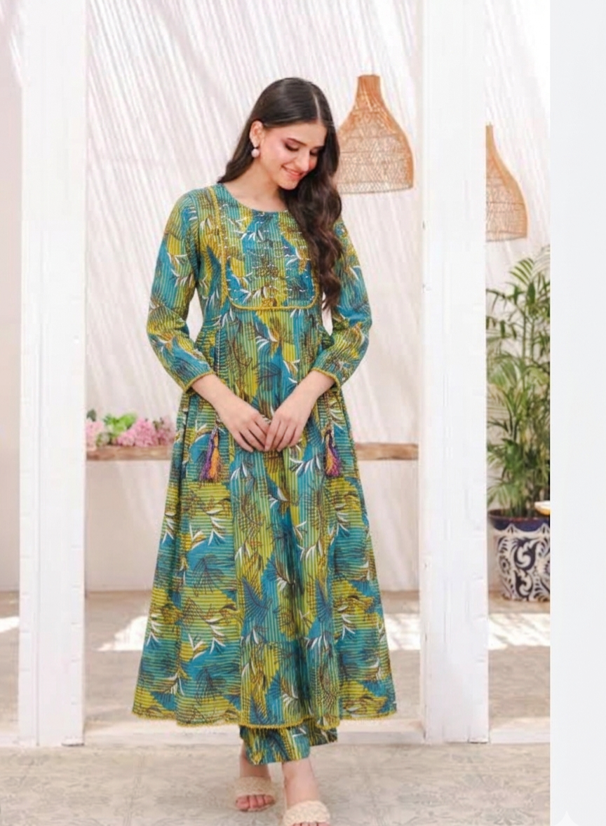 Teal & Mustard Printed Lawn 2Piece Stitched Suit - Long Frock with Printed Trouser