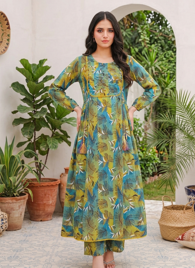 Teal & Mustard Printed Lawn 2Piece Stitched Suit - Long Frock with Printed Trouser