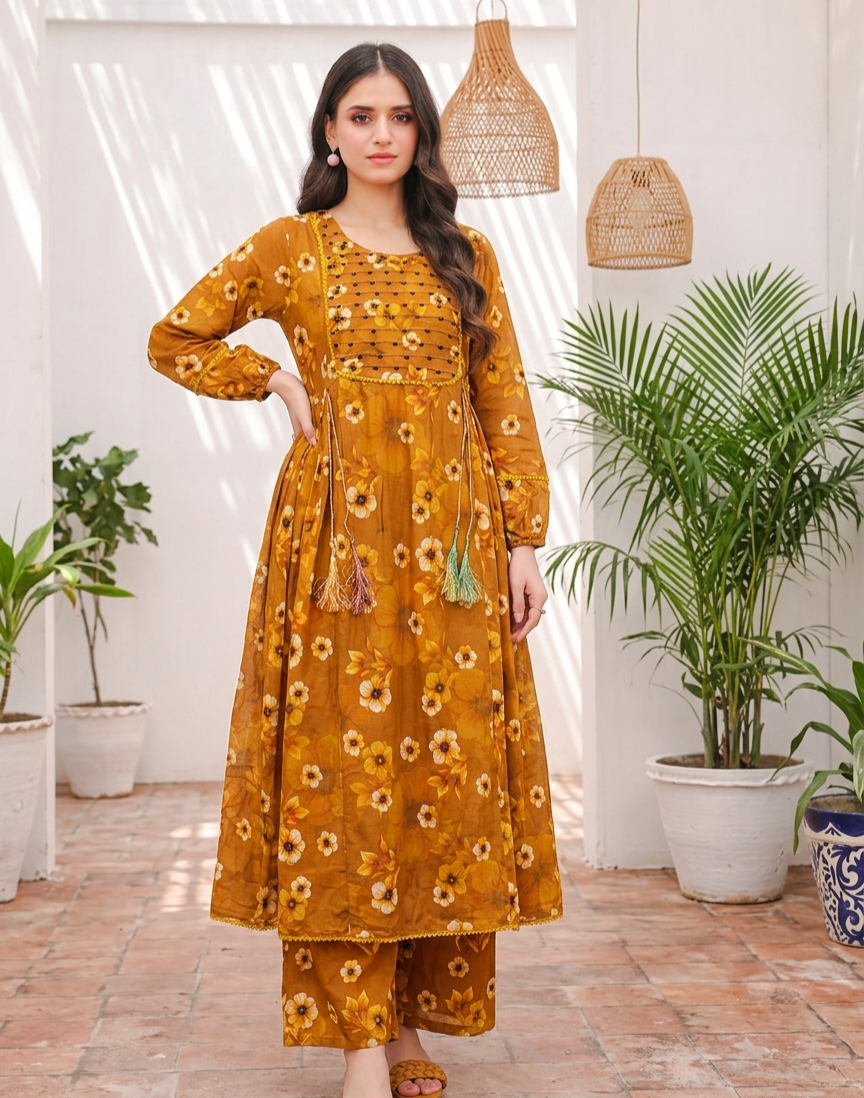 Mustard Floral Printed 2-Piece Stitched Lawn Frock with printed Trouser