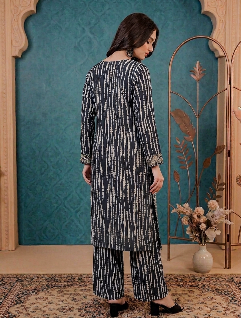 Black Embroidered Printed 2-Piece Lawn Suit Stitched Long Shirt & Wide Trouser