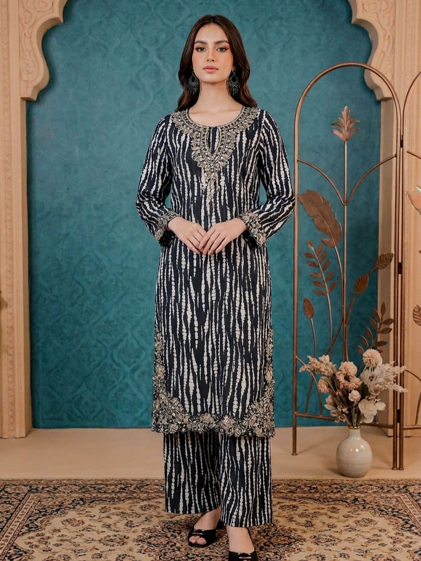 Black Embroidered Printed 2-Piece Lawn Suit Stitched Long Shirt & Wide Trouser