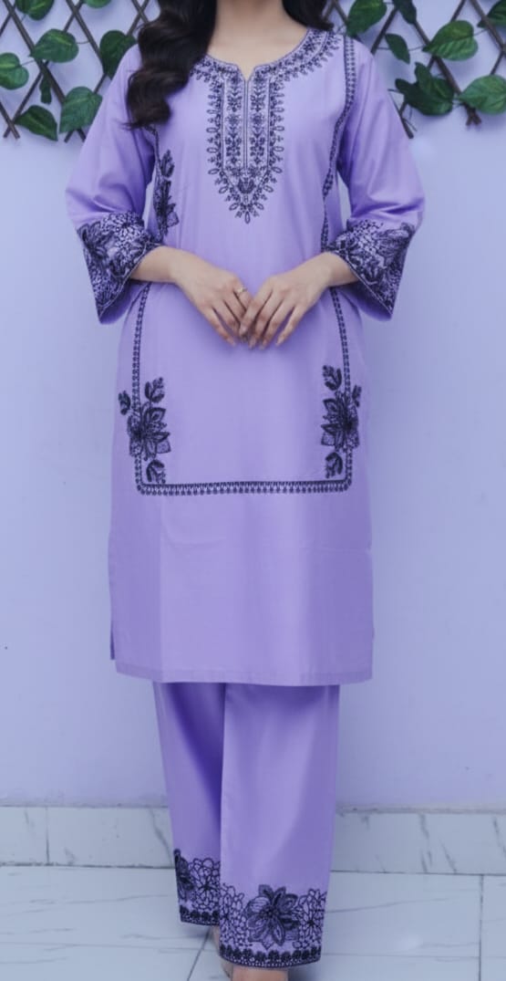 Elegant Lavender Embroidered Kurta Trouser Set for Women – Premium Lawn 2 Piece Stitched Suit | Casual & Festive Wear
