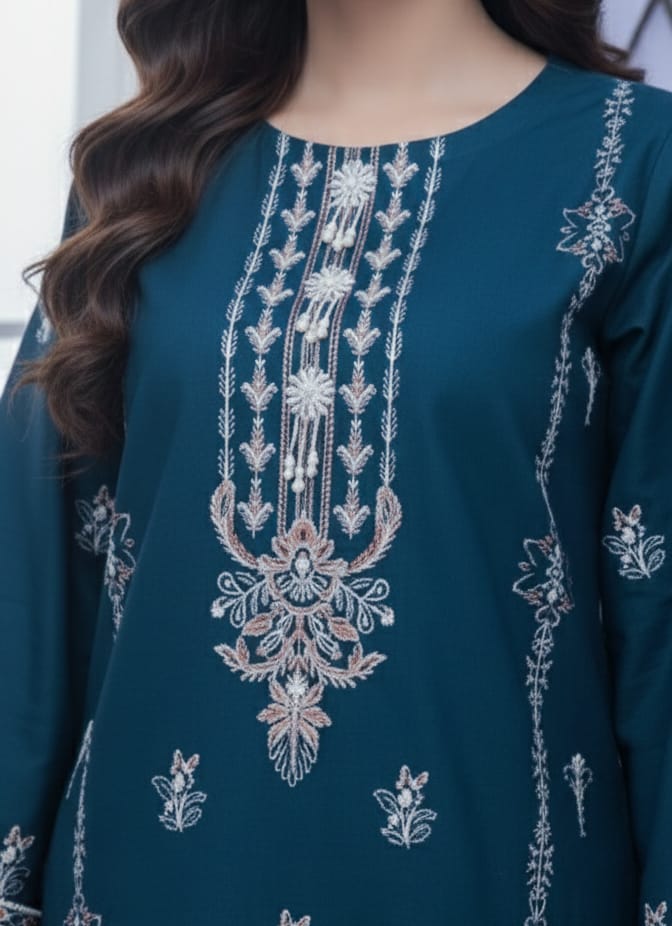 Elegant Dark Green Embroidered Kurta Trouser Set for Women – Premium Lawn 2 Piece Stitched Suit | Casual & Festive Wear