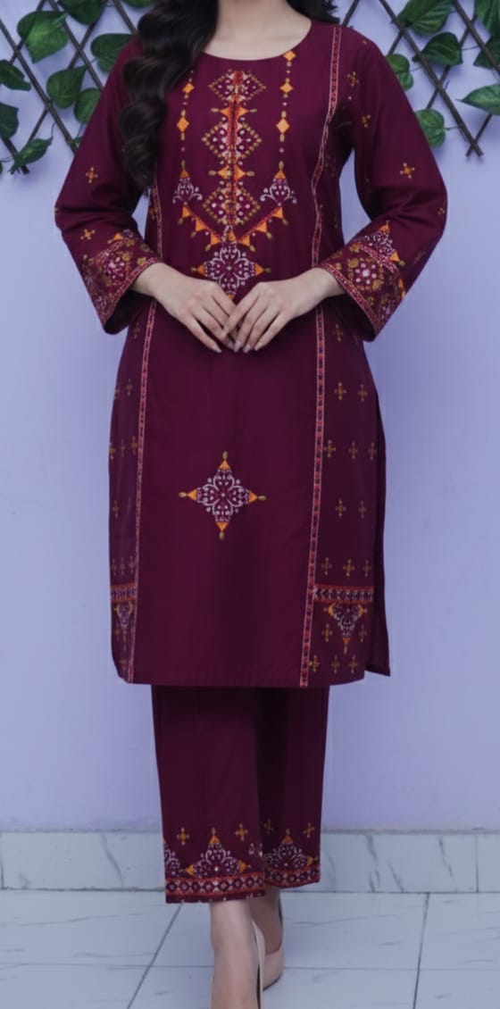 Elegant Maroon Embroidered Kurta Trouser Set for Women – Premium Lawn 2 Piece Stitched Suit | Casual & Festive Wear