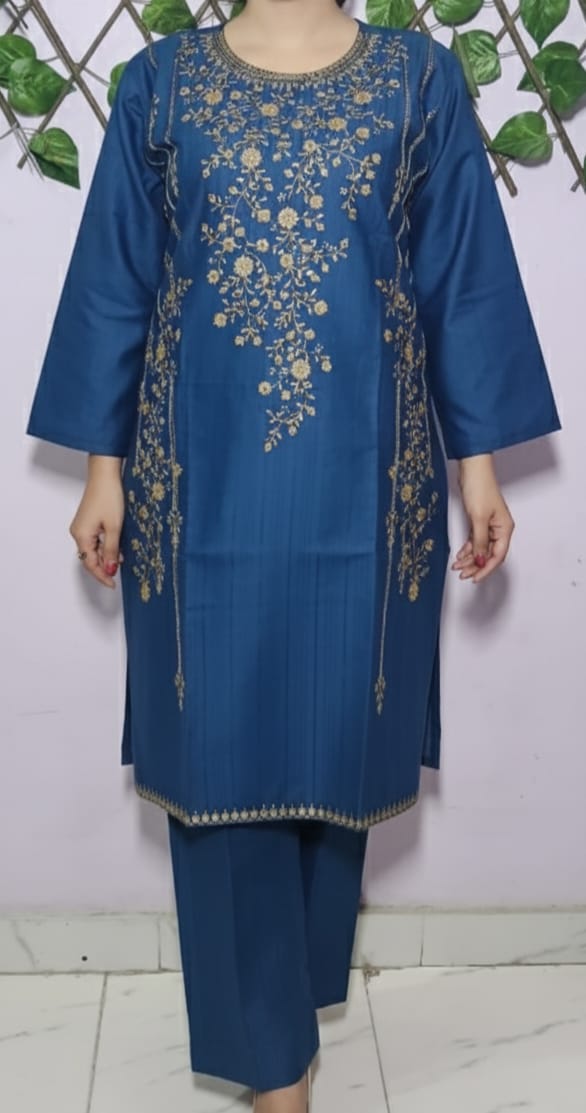 Luxury Blue Embroidered Kurta Trouser Set for Women – Premium Lawn 2 Piece Stitched Suit | Festive & Party Wear