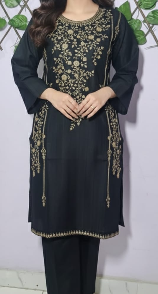 Luxury Black Embroidered Kurta Trouser Set for Women – Premium Lawn 2 Piece Stitched Suit | Festive & Party Wear