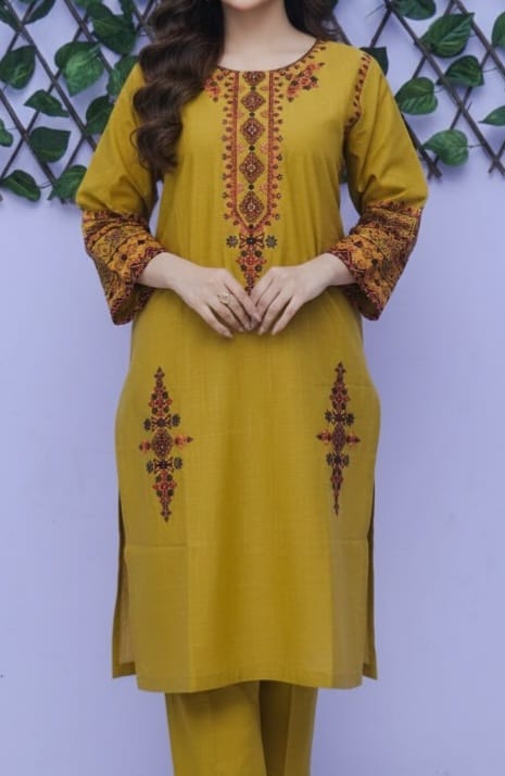 Elegant Mustard Yellow Embroidered Kurta Trouser Set for Women – Premium Lawn 2 Piece Stitched Suit | Casual & Festive Wear