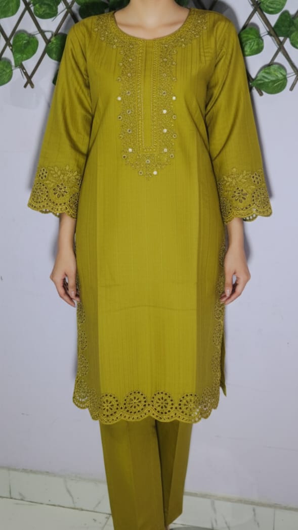 Elegant Olive Green Embroidered Kurta Trouser Set for Women – Premium Lawn 2 Piece Stitched Suit | Minimal Festive Wear
