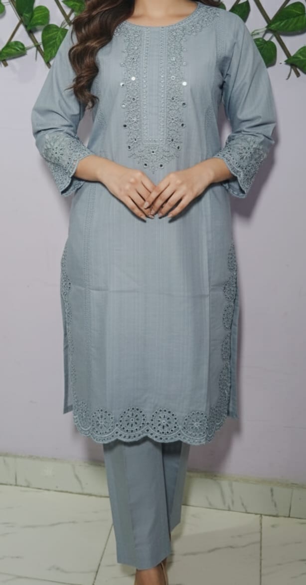 Elegant Grey Embroidered Kurta Trouser Set for Women – Premium Lawn 2 Piece Stitched Suit | Minimal Office & Casual Wear