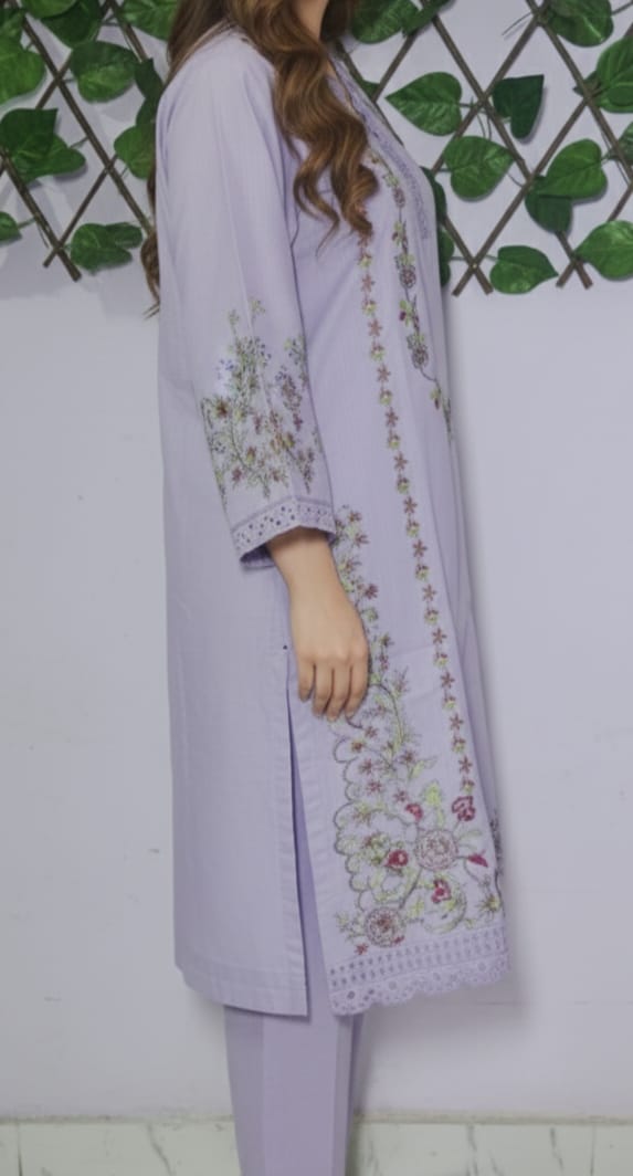 Elegant Lilac Embroidered Kurta Trouser Set for Women – Premium Lawn 2 Piece Stitched Suit | Casual & Semi-Formal Wear
