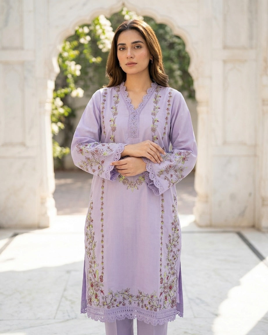 Elegant Lilac Embroidered Kurta Trouser Set for Women – Premium Lawn 2 Piece Stitched Suit | Casual & Semi-Formal Wear