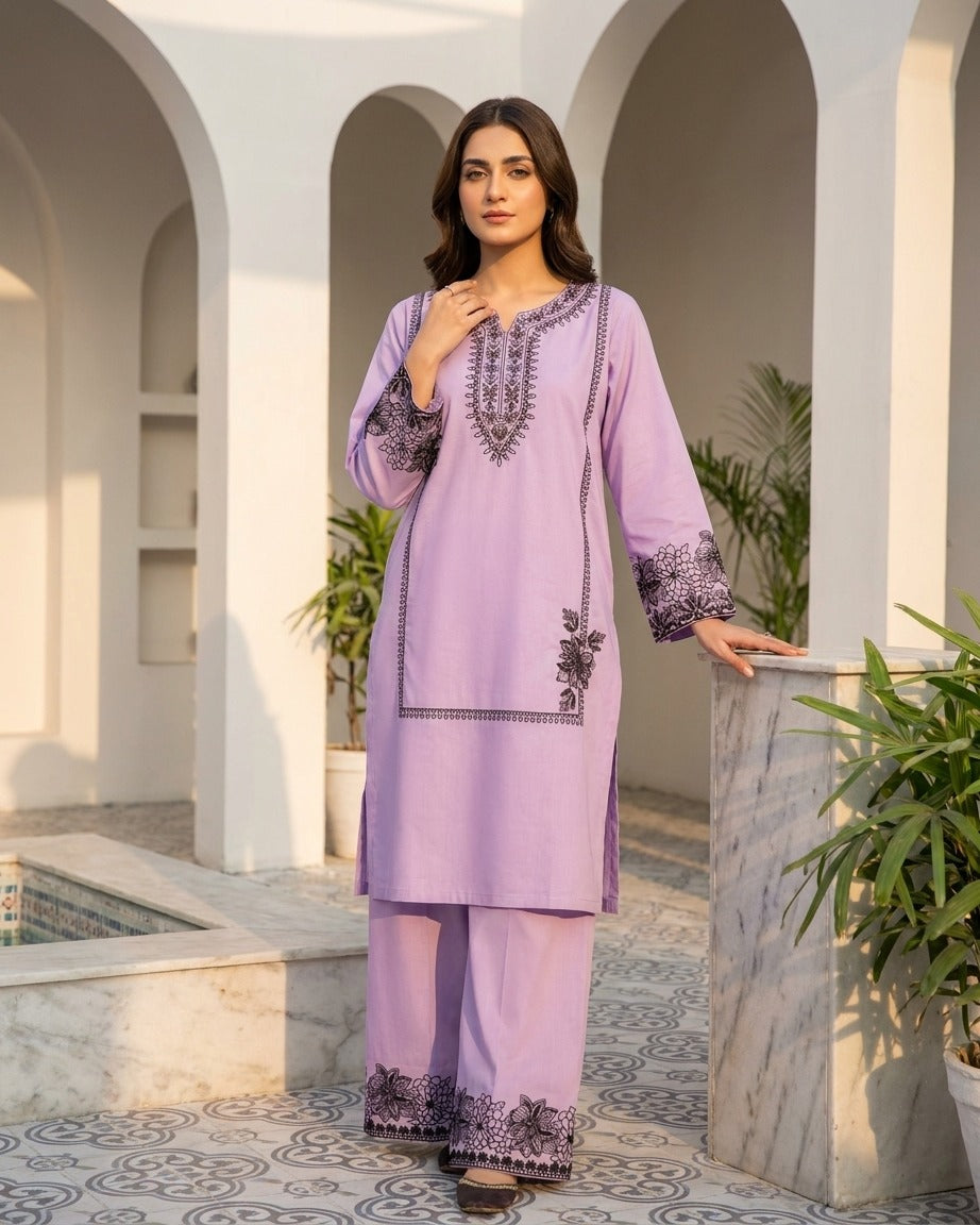 Elegant Lavender Embroidered Kurta Trouser Set for Women – Premium Lawn 2 Piece Stitched Suit | Casual & Festive Wear