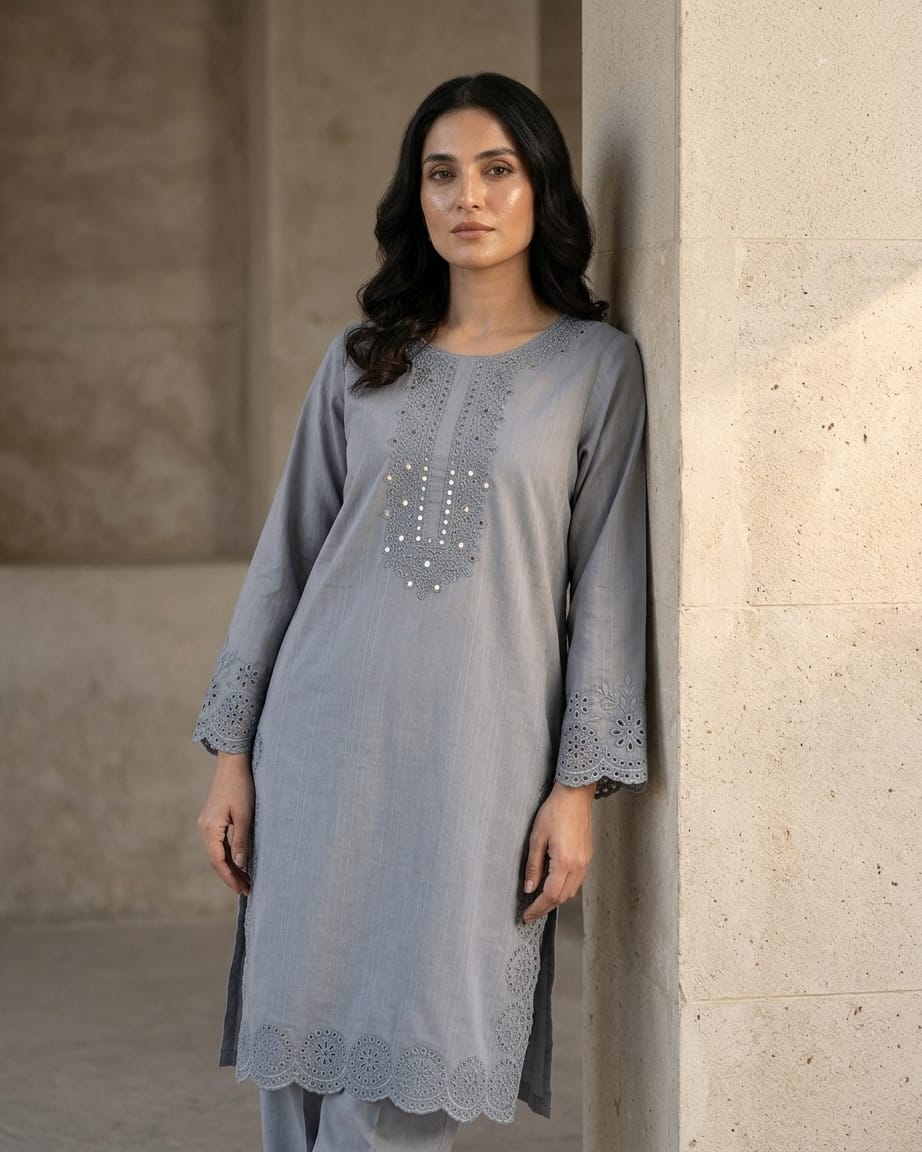 Elegant Grey Embroidered Kurta Trouser Set for Women – Premium Lawn 2 Piece Stitched Suit | Minimal Office & Casual Wear