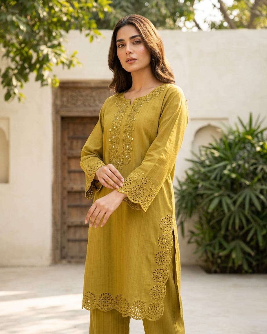 Elegant Olive Green Embroidered Kurta Trouser Set for Women – Premium Lawn 2 Piece Stitched Suit | Minimal Festive Wear