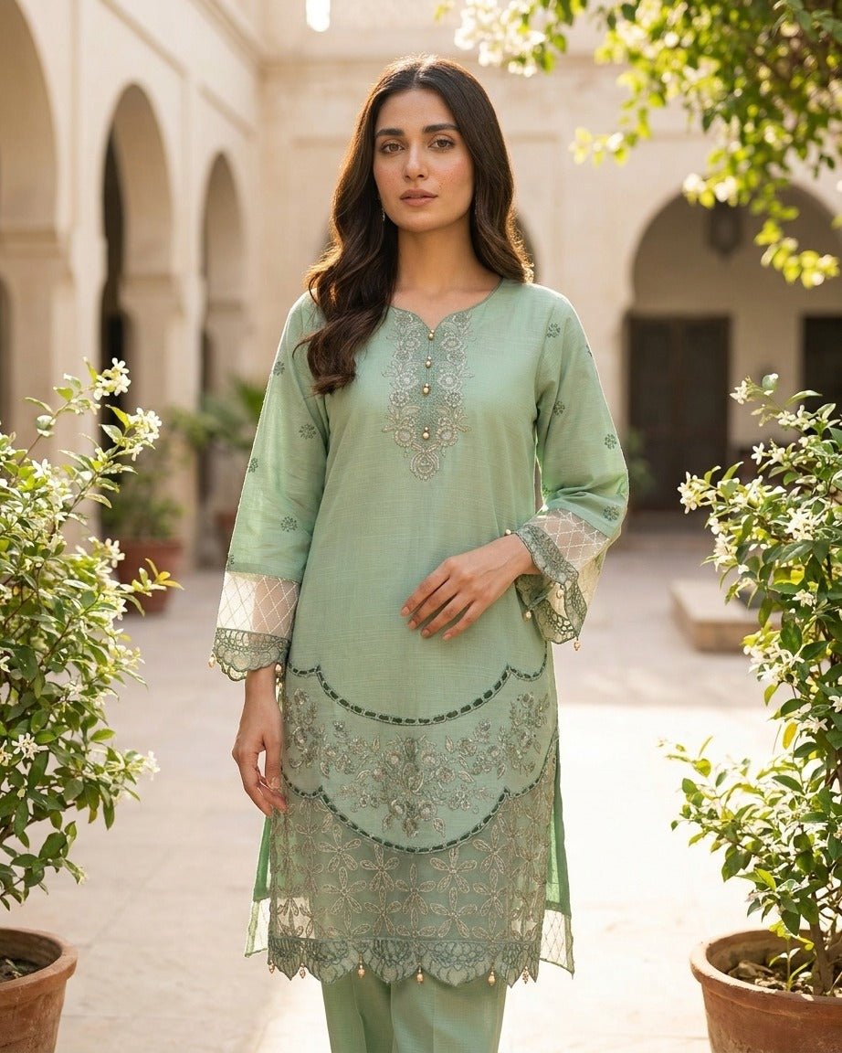 Elegant Mint Green Embroidered Kurta Trouser Set for Women – Premium Lawn 2 Piece Stitched Suit | Casual & Festive Wear