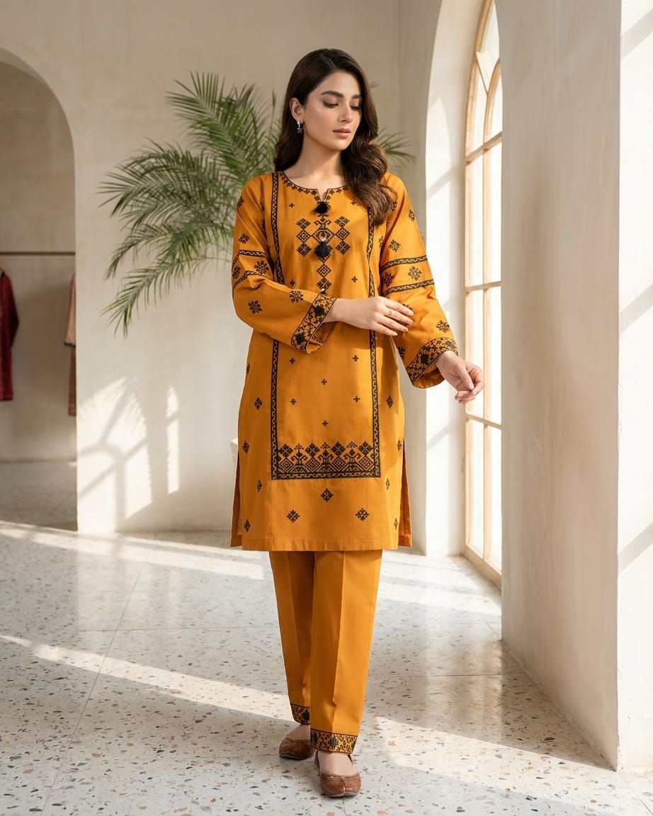 Stylish Mustard Embroidered Kurta Trouser Set for Women – Premium Lawn 2 Piece Stitched Suit | Casual & Daily Wear