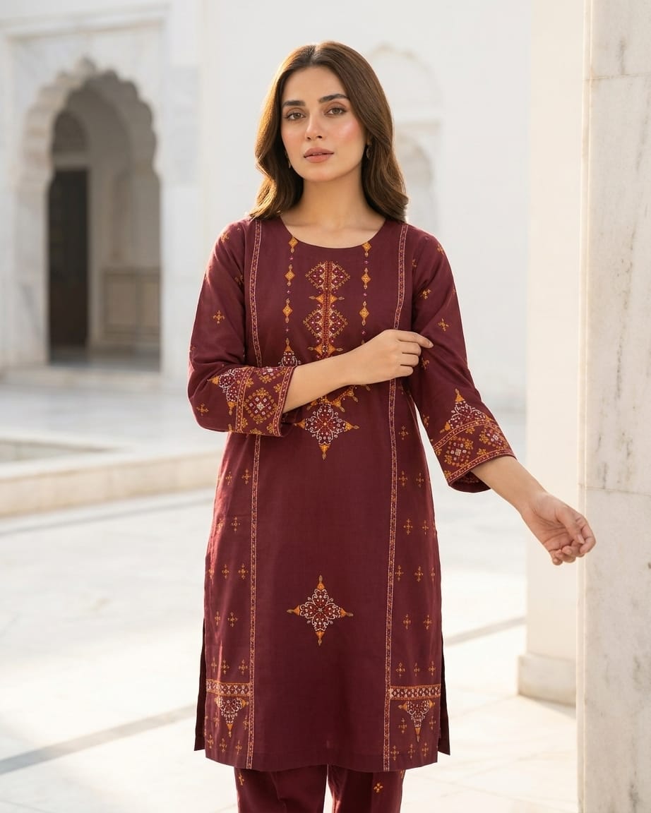 Elegant Maroon Embroidered Kurta Trouser Set for Women – Premium Lawn 2 Piece Stitched Suit | Casual & Festive Wear