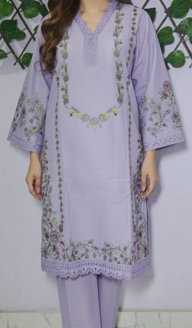 Elegant Lilac Embroidered Kurta Trouser Set for Women – Premium Lawn 2 Piece Stitched Suit | Casual & Semi-Formal Wear