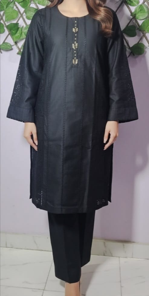 Elegant Black Minimal Kurta Trouser Set for Women – Premium Lawn 2 Piece Stitched Suit | Office & Casual Wear