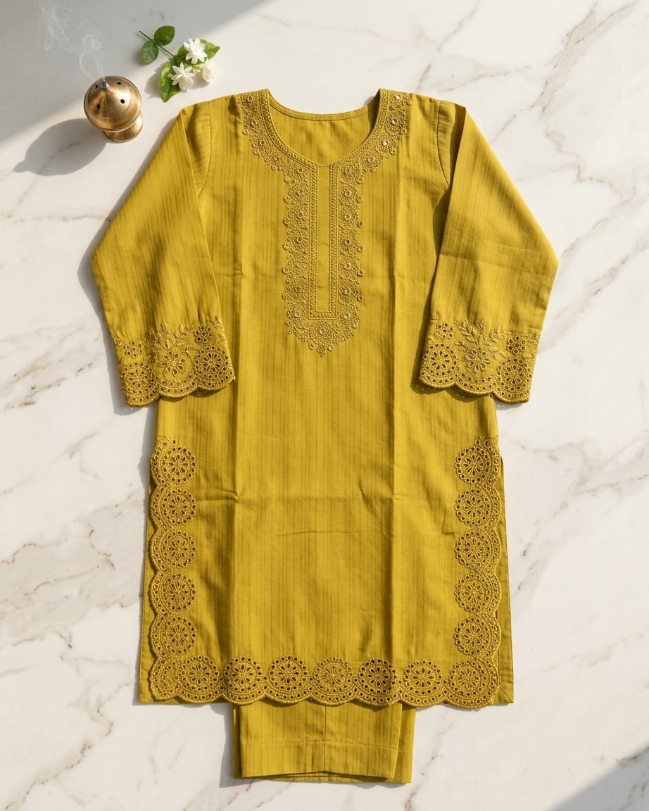 Elegant Olive Green Embroidered Kurta Trouser Set for Women – Premium Lawn 2 Piece Stitched Suit | Minimal Festive Wear