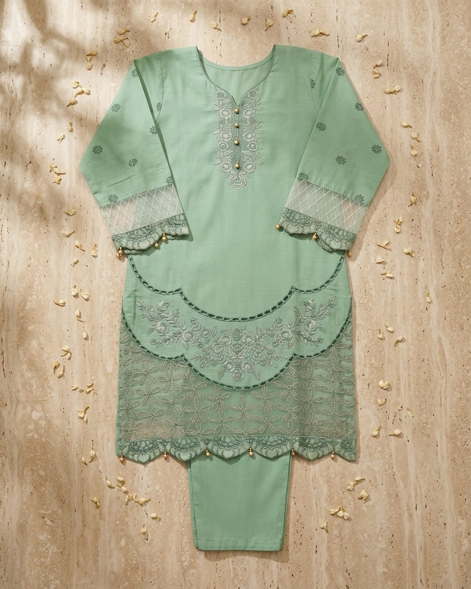 Elegant Mint Green Embroidered Kurta Trouser Set for Women – Premium Lawn 2 Piece Stitched Suit | Casual & Festive Wear
