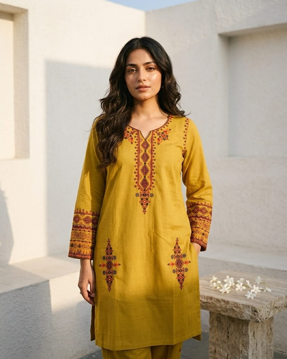 Elegant Mustard Yellow Embroidered Kurta Trouser Set for Women – Premium Lawn 2 Piece Stitched Suit | Casual & Festive Wear