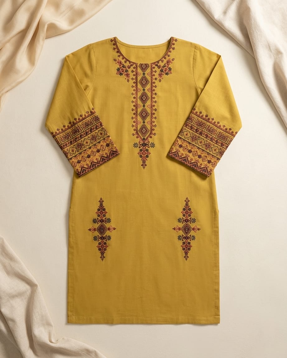 Elegant Mustard Yellow Embroidered Kurta Trouser Set for Women – Premium Lawn 2 Piece Stitched Suit | Casual & Festive Wear