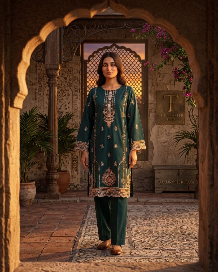 Elegant Dark Green Embroidered Kurta Trouser Set for Women – Premium Lawn 2 Piece Stitched Suit | Casual & Festive Wear
