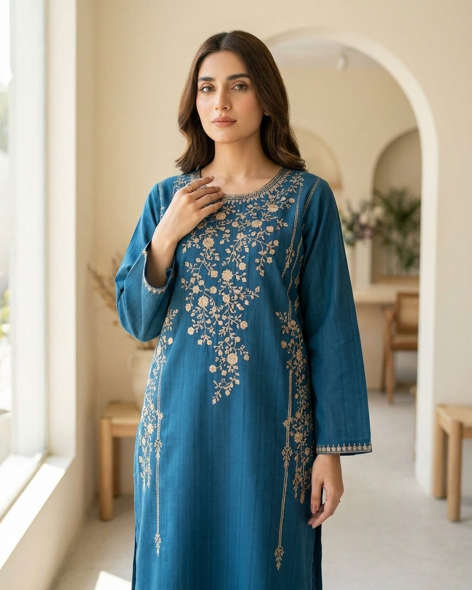 Luxury Blue Embroidered Kurta Trouser Set for Women – Premium Lawn 2 Piece Stitched Suit | Festive & Party Wear