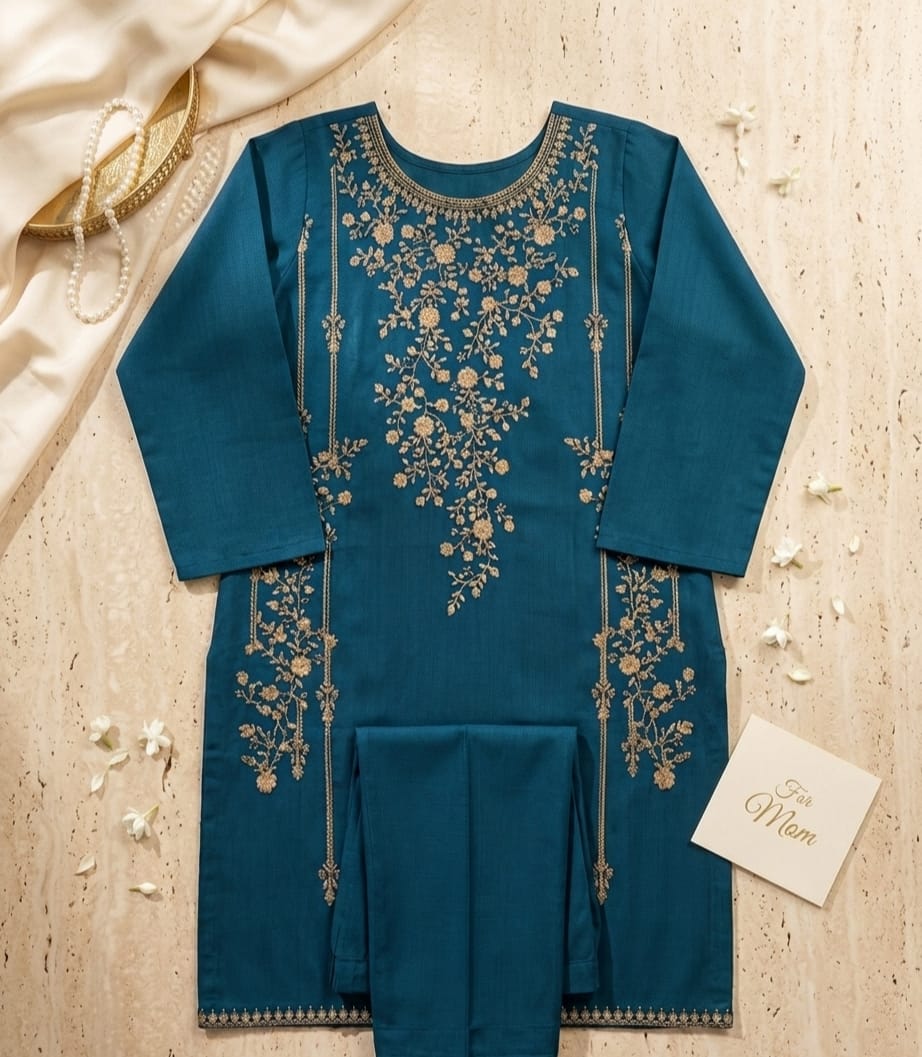 Luxury Blue Embroidered Kurta Trouser Set for Women – Premium Lawn 2 Piece Stitched Suit | Festive & Party Wear