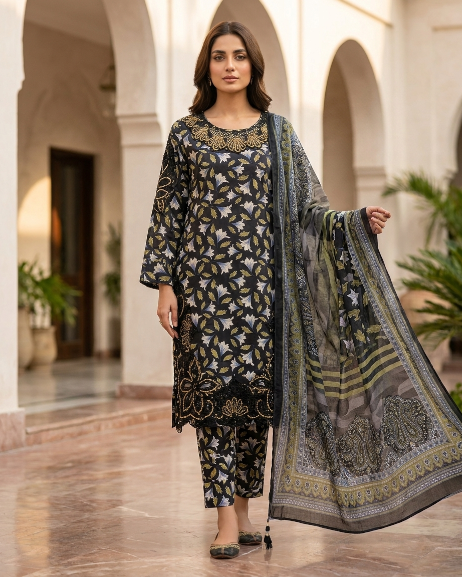 Elegant Black Floral Printed Embroidered Lawn 3-Piece Stitched Suit