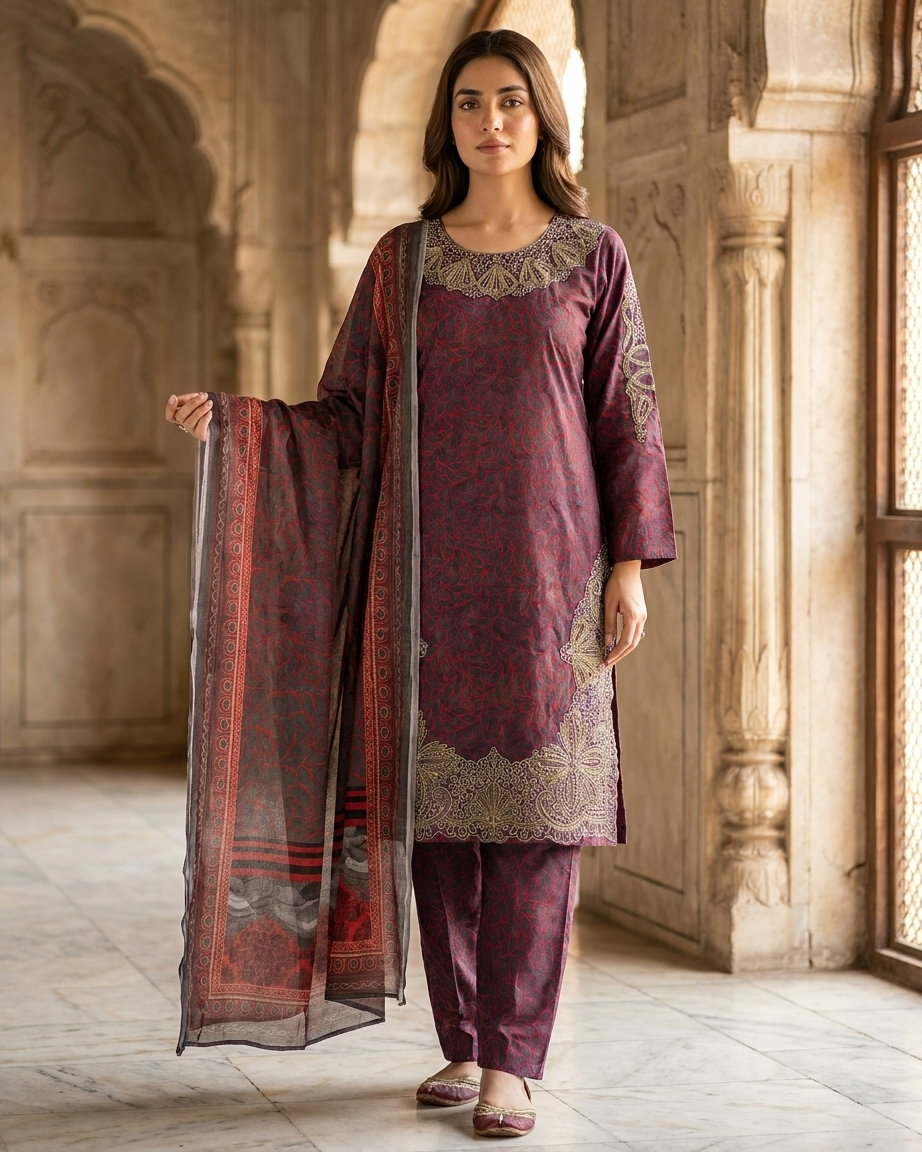 Elegant Deep Mehroon Printed Lawn 3-Piece Stitched Suit with Embroidered