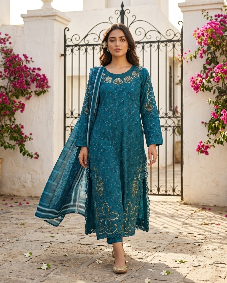 Teal Blue Embroidered Lawn 3-Piece Stitched Suit Printed Shirt with Printed Trouser & Printed Dupatta