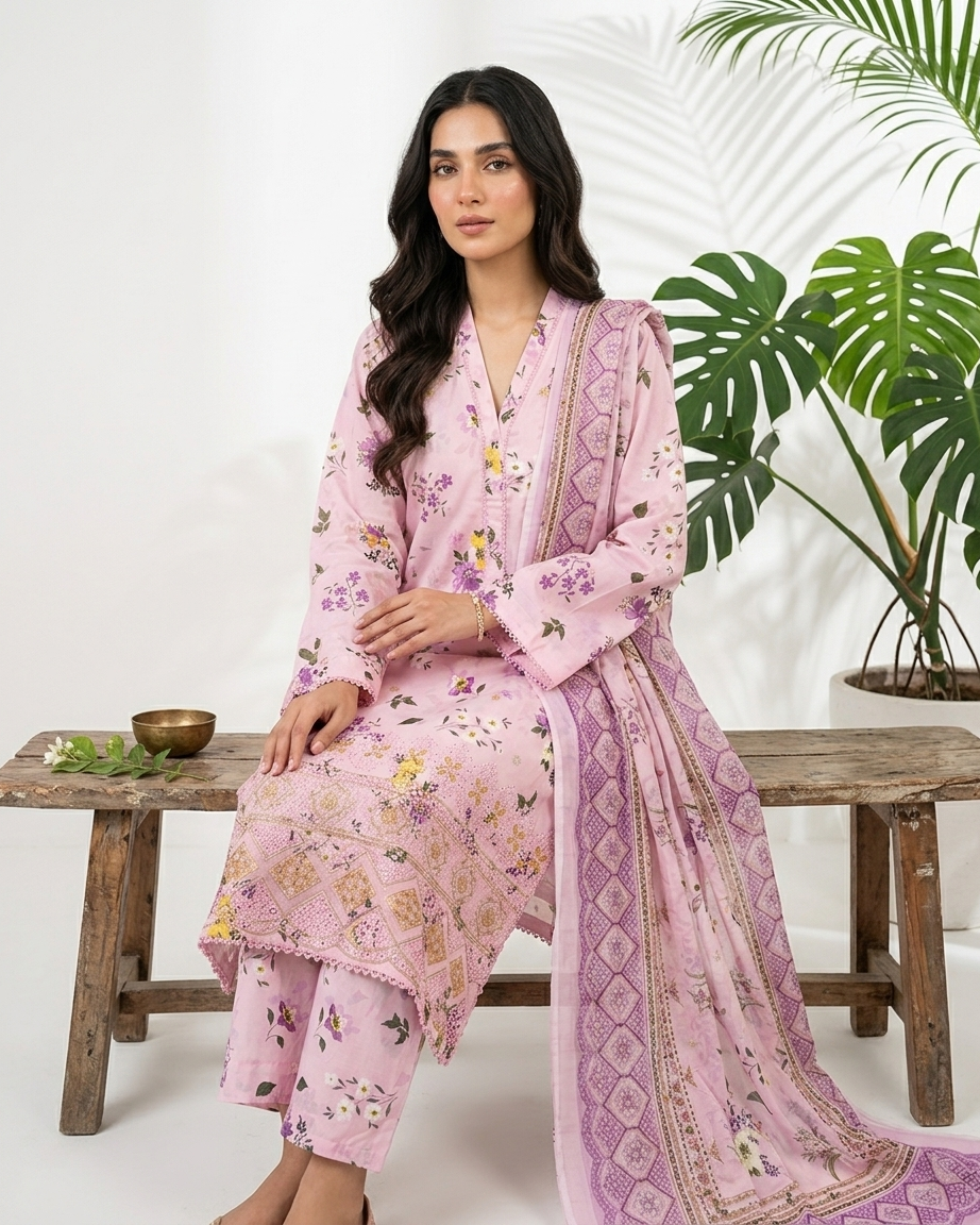 Pastel Pink Floral Printed Lawn 3-Piece Stitched Suit with Embroidered Daman
