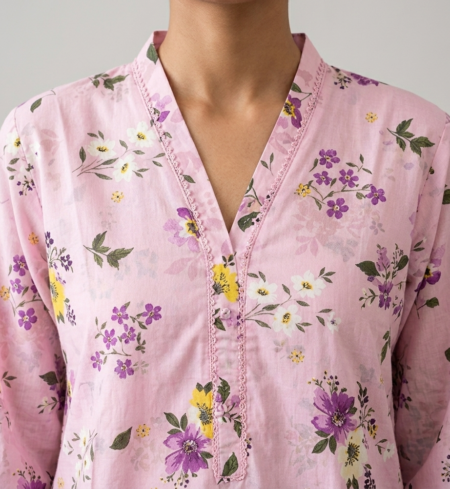 Pastel Pink Floral Printed Lawn 3-Piece Stitched Suit with Embroidered Daman