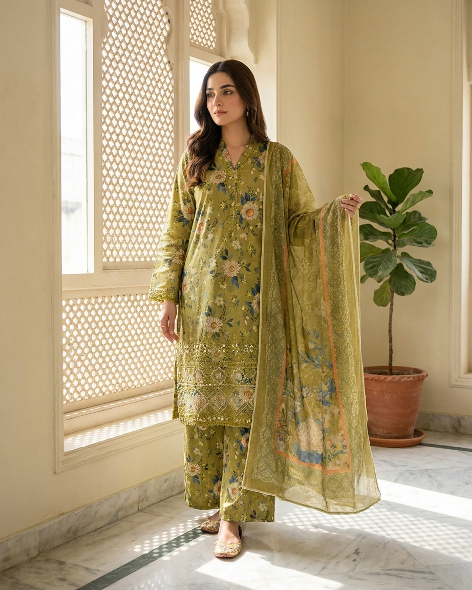 Olive Green Floral Printed Embroidered Lawn 3-Piece Stitched Suit for Women
